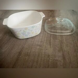 Corningware White Dish with Floral Design and Clear Lid